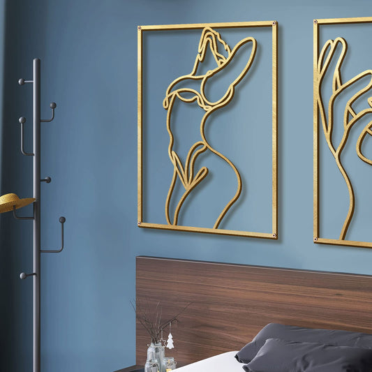 Glamativity 4 Pack Gold Wall Art Decor, Minimalist Single Line Real Metal Wall Art, Woman's Body Shape Abstract Wall Art (Gold Classic Style, 17 x 11.8'')