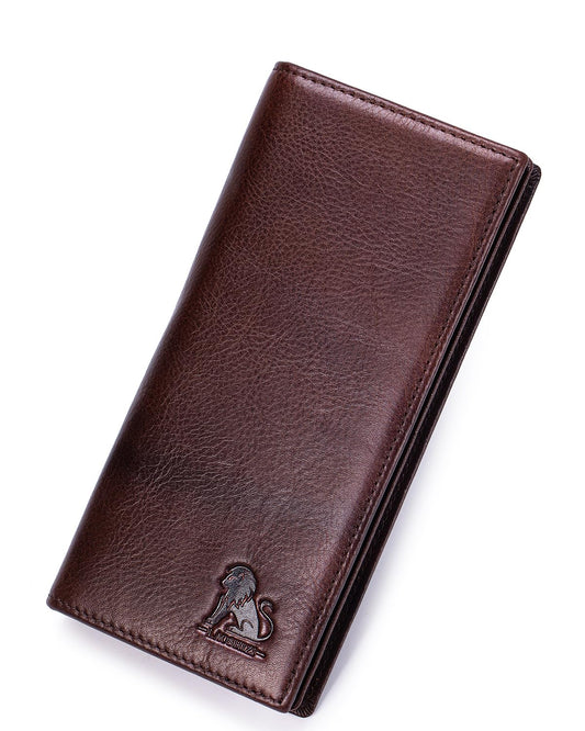 STEELLION Unisex Vintage Leather Long Bifold Wallet - RFID Blocking Billfold with ID Window & Multi-Card Slots - Genuine Cowhide Cash & Receipt Organizer for Travel (91644-Coffee)