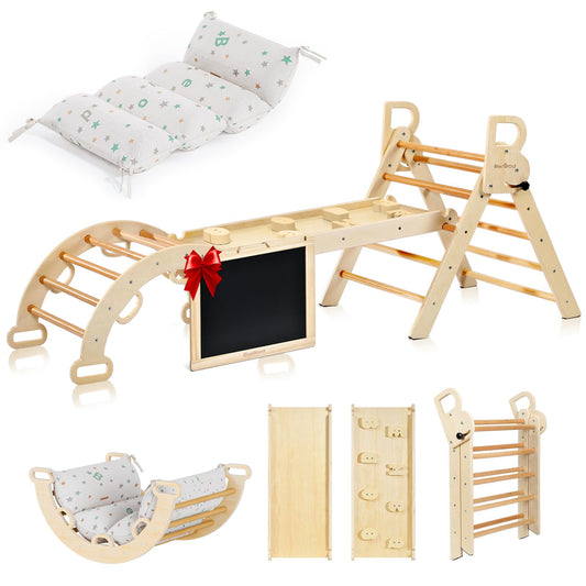 BlueWood Pikler Triangle Set with Cushion, 8-in-1 Foldable Wooden Toddler Climbing Toys Indoor Playground Jungle Gym Montessori Philosophy Climber for 2-6 Years Old, Baby, Kids (Natural Wood)