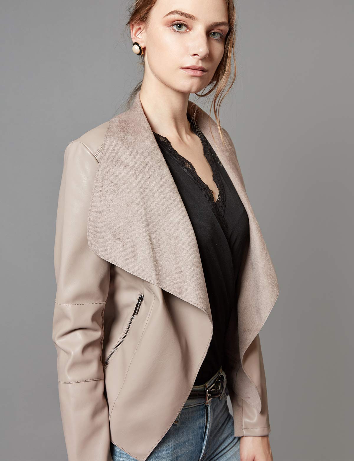 Escalier Women's Faux Leather Jackets Slim Open Front Lapel Blazer Jackets Khaki Large