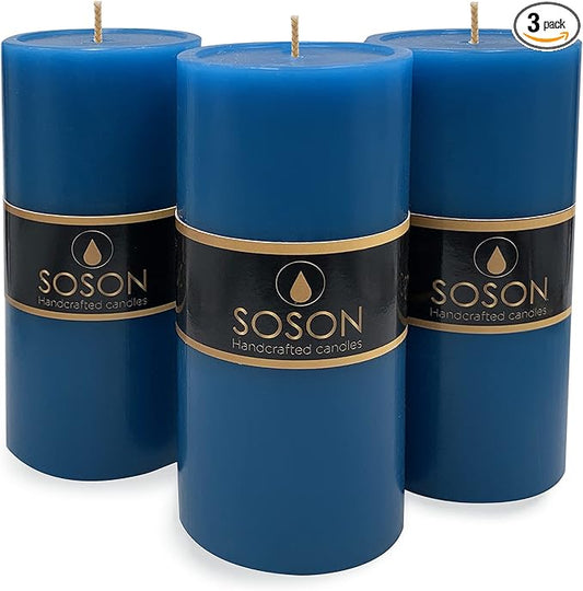 Simply Soson 3x6 inch Blue Pillar Candles Set of 3, Smooth Texture, Unscented Blue Candles, Dripless Candles, 3 inch Pillar Candles Ideal as Wedding, Parties, Spas, Dinner, Home Decoration, Church