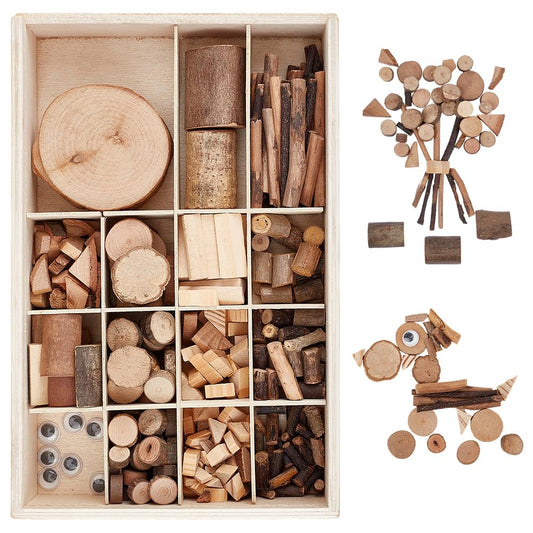 PH PandaHall Wooden Unfinished Craft Kits Natural Wood Slices Wooden Art Paint Bulk Crafts Garden Playset Loose Parts for DIY Painting Building Sorting Activities School Projects, Box 9.7x6.3x1.8 inch