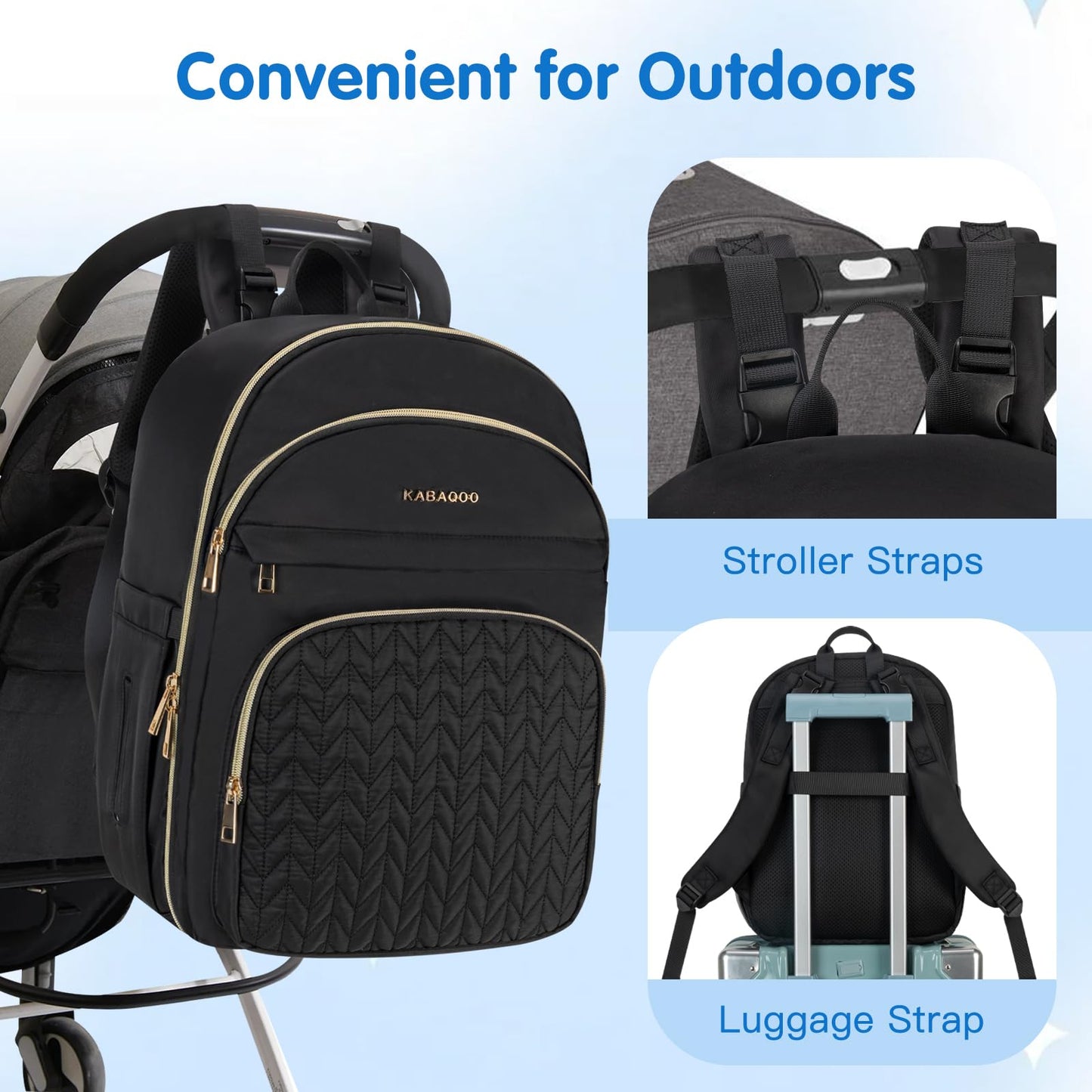 KABAQOO Baby Diaper Bag Backpack, Waterproof Diaper Backpack for Mom & Dad with Changing Pad, Insulated Pockets and Stroller Straps, Baby Shower Gifts for Girls & Boys, Black