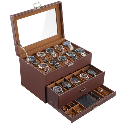 ProCase 20 Slot Watch Box for Men, 3-Layer Watch Display Case with Glass Lid, Watch Holder with Drawer, Jewelry Storage Organizer for Watches Straps Rings, Fathers Day Gift -Brown