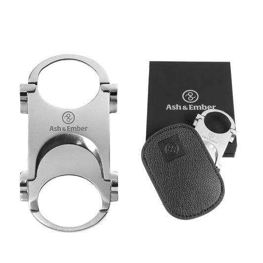 Guillotine Cigar Cutter – Premium Guillotine Cigar Cutter with Stainless Steel Finish, Dual-Ring Ergonomic Grip, Compact Travel-Friendly Design, PU Leather Pouch, Gift-Ready Box – Ash & Ember