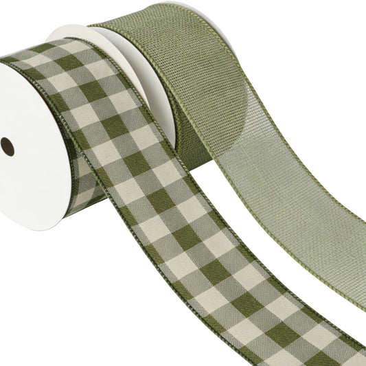 Meseey 2.5 Inch Green Burlap Wired Ribbon Set, 2 Rolls Total 10 Yards Solid Sage Green & Green White Buffalo Check Wired Edge Ribbons for Gift Wrapping, Wreaths, Crafts, Farmhouse Home Decorations
