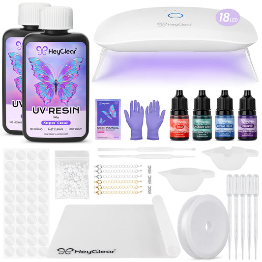 HeyClear UV Resin Kit Jewelry Making Supplies with 18 LED Beads UV Light -200g UV Resina Clear, Hard, Premixed and Fast Curing UV Glue for Coating, Create Decorations, DIY Art Crafts for Adults