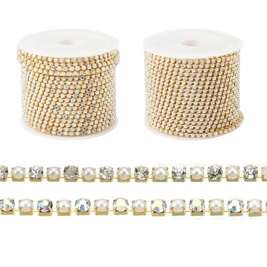 Fashewelry 10 Yards Pearl Rhinestone Chain Trim 2mm Golden Rhinestone Close Chain Tiny Rhinestones Banding for Sewing Crafts Shoes Clothes Nail Art Jewelry Making