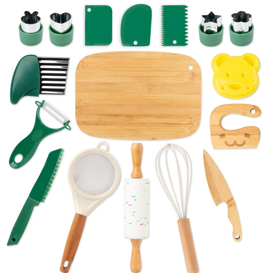 17 PCS Kids Knife Set for Real Cooking, Montessori Kitchen Tools for Toddlers, Cooking and Baking Set for Kids Little Chefs, Crinkle Cutter, Cutting Board, Safe Knife