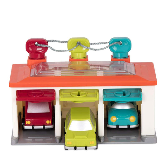 Battat – Car & Color Sorting Playset – Cause – and – Effect Toy – Push & Go Cars – Color – Coded Matching – 2+ Years – 3 – Car Garage, Red