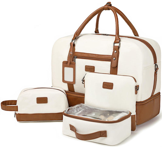 Wogarl 4PCS Weekender Bags for Women Large Overnight Weekend Travel Duffel Carry on Shoulder with Shoe Compartment Canvas Toiletry Bag for Travel Business Gym,Beige