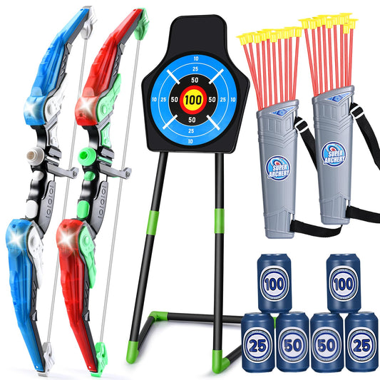 Bow and Arrow for Kids : LED Light Up Archery Set with 24 Suction Cup Arrows, 1 Standing Target, 6 Score Targets & 2 Quiver | Indoor Outdoor Sport Gifts for Boys Girls Ages 4 5 6 7 8 9 10 | 2 Pack