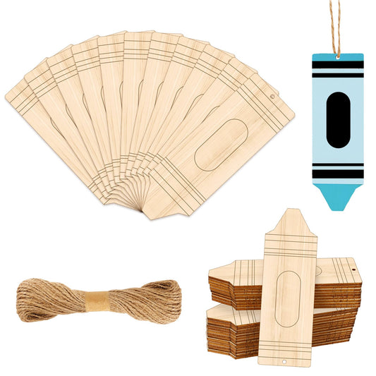 Whaline 20 Pcs Back to School Wooden Crayon Cutouts Blank Crayon Hanging Ornaments with Hemp Rope for First Day of School Classroom Party Decoration DIY Crafts Supplies