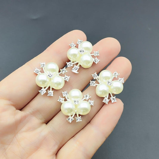 YOOGCORETT 10pcs Pearl Rhinestone Flower Buttons Flat Back Embellishments Sew On Buttons for DIY Craft, Bags Shoes Dress Decoration, 21 x 21mm, Silvery