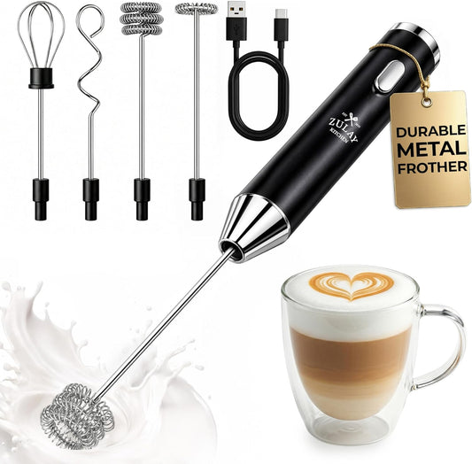 Zulay Kitchen Rechargeable Milk Frother - Handheld Electric Mixer with 3 Whisk Attachments | USB-C Charging, Lasts 6 Months