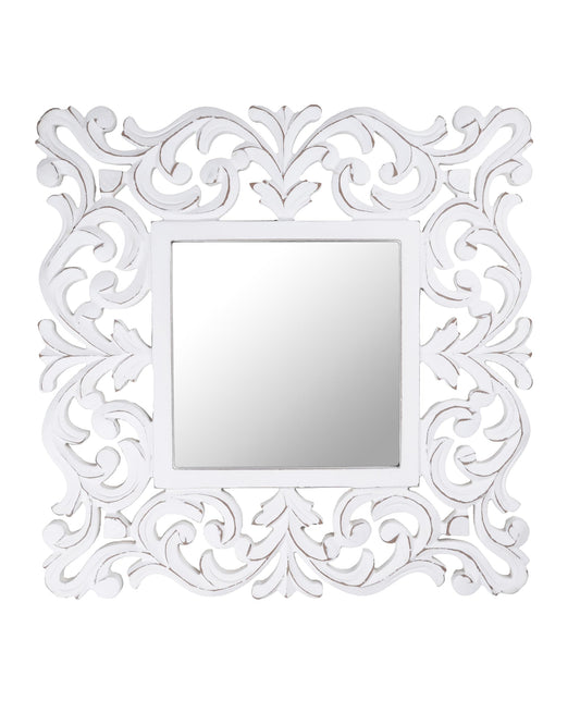 Lightnpro Hand Carved Farmhouse Wall Mirror - 18 Inch Square Antique White Wooden Frame, Rustic Decorative Mirror for Bathroom, Living Room, Bedroom & Entryway Décor