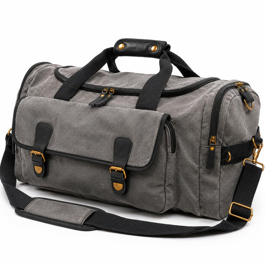 Oversized Canvas Weekender Duffel Bag for Men, Gift for Dad, Genuine Leather Trim & Brass Hardware, 23" Carry-On Travel Bag, Large Overnight Weekend Bag, Gray