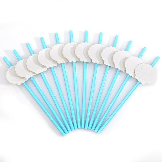 12Pcs White Shell Blue Straws - Ocean Birthday Wedding Decorations,Shell Disposable Drinking Paper Straws,Last Toast on the Coast Party Decorations,Seashells Bachelorette Party Centerpieces