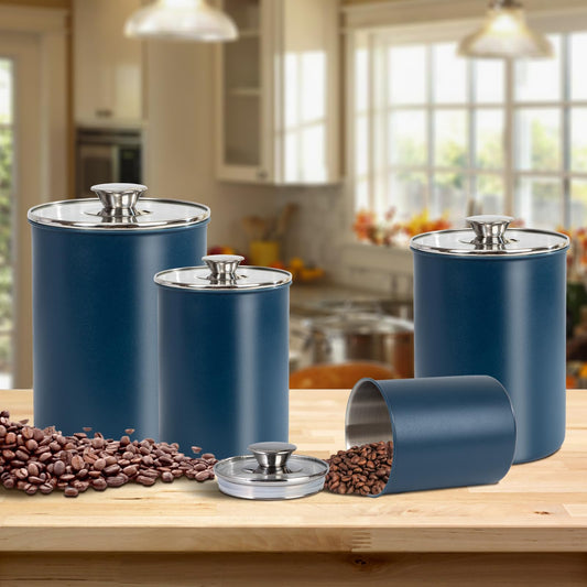 malmo Stainless Steel Food Canister Set of 4-Piece, 16/49/85/132 Ounces,Airtight Containers with Glass Lid for Tea,Coffee,Sugar,Flour,Pantry Kitchen Storage Storeroom Counter (Blue)