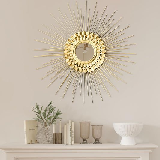 QuiltMuse Wall Decor Metal Sunburst Mirror for Living Room - Home Accent, Ready to Hang Bedroom Decoration