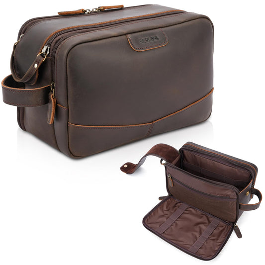 Polare Full Grain Leather Toiletry Bag for Men, Portable Travel Dopp Kit, Large Shaving Kit Organizer Cosmetic Case, Wash Pouch with YKK Zippers