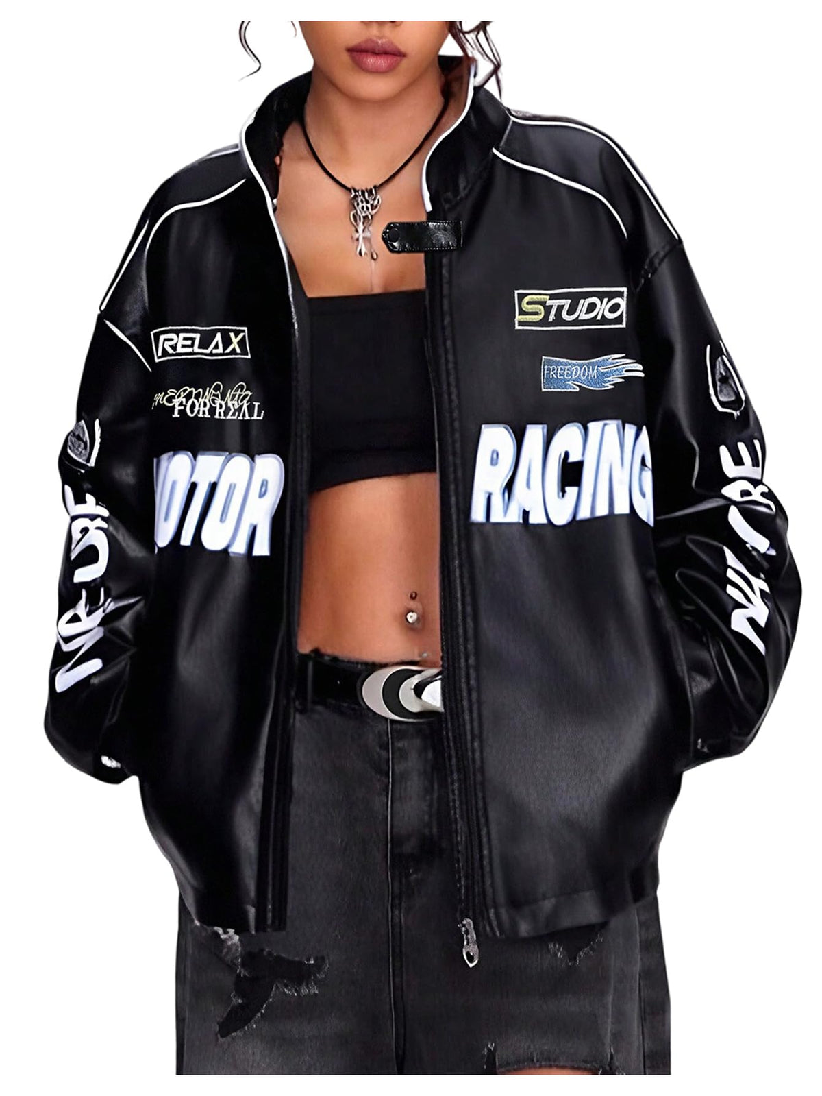 SOLY HUX Women's Faux Leather Motorcycle Jacket Y2k Racing Graphic Bomber Jackets Coat Streetwear Black Graphic X-Small