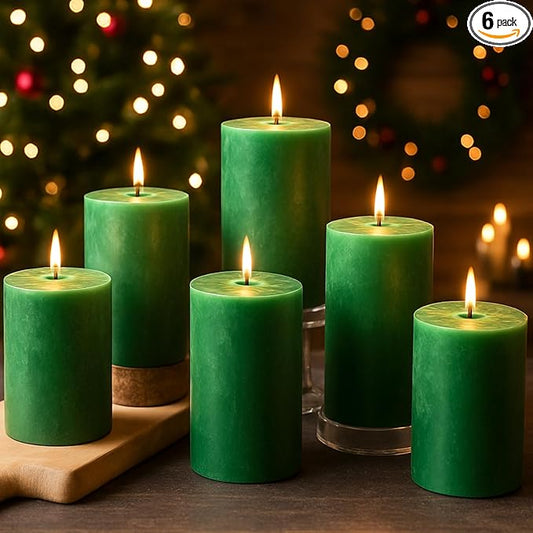 Green Pillar Candles - 6 Packs, 2.8x4 Inch, Unscented Pillar Candles Bulk, 56 Hours Long Burning Candles, Dripless & Smokeless Large Green Candles for Christmas Decor, Fireplace, Christmas,Advent