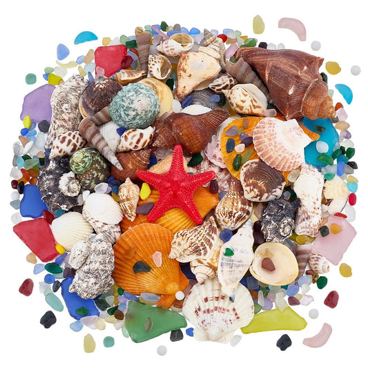 PH PandaHall 600g Mixed Seashells Conch Frosted Sea Glass Pieces Colorful Glass Pebbles Vase Filler Stones for Aquarium Fish Tank Gravel DIY Art Crafts Home Decor Beach Weddings