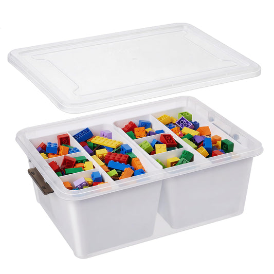 MACOPRO 17QT Craft Storage Box with 2 Removable Caddy Trays, Clear Stackable Plastic Organizer with Lid for Art Supplies, Beads, Sewing Tools, Pens & Kids Toys (White, 1Pack-2-in-1)