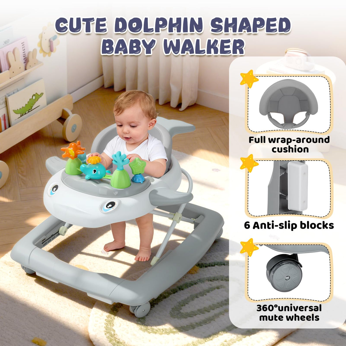 Baby Walker with Wheels, Music and Lights Foldable Baby Walker, 3 Adjustable Heights, Activity Walker for Baby Boy and Girl 6-18 Months, Gray