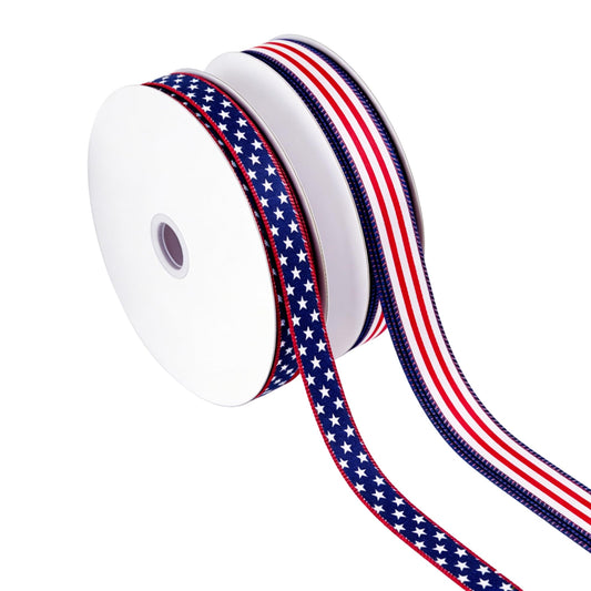 Songye 1 Inch Patriotic Wired Ribbon, 2 Rolls Total 20 Yards Red White Blue Star Stripe Ribbon for 4th of July Independence Day Veterans Day Wreath DIY Crafts Holiday Decor