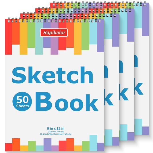 4 Pack 9x12 Sketch Book Spiral Bound, 50 Sheets Each 100gsm/68lb Acid-Free Drawing Paper, Lay-Flat Art Sketch Pad for Dry Media, Pencil, Charcoal, Sketching & Practice, School Supplies for Kids Adults
