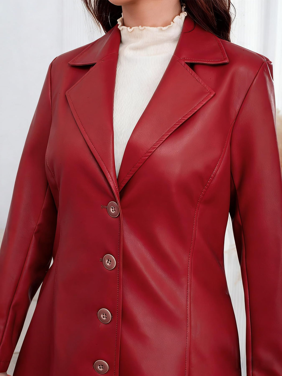 utcoco Womens Faux Leather Trench Coat Classic Lapel Button Down Maxi Jacket 2025 Stylish Overcoat (Small, Red)