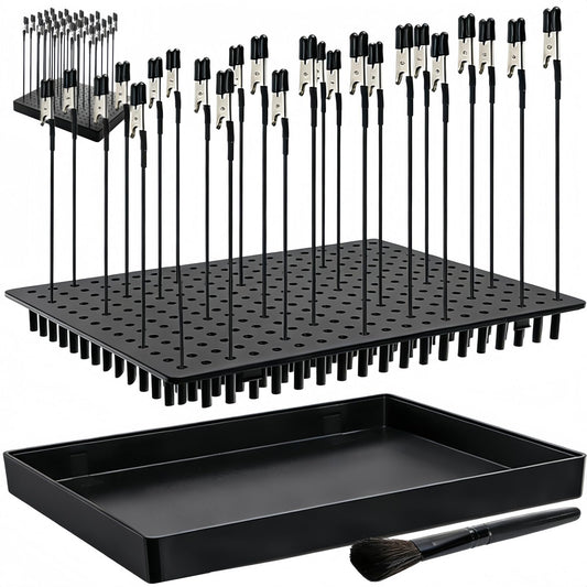 Tlence 19 x 14 Holes Model Painting Stand Base, 25 PCS Alligator Clip Sticks with Rubber Tips, Airbrush Spray Holder with Clean Brush, Clamping Tools Set for Model Parts Assemble DIY Crafts Photo Memo