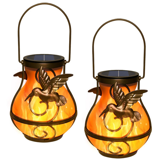 2 Pack Solar Lanterns Outdoor Waterproof, Plastic Flickering Flame Lights with Hummingbird Design, Hanging Solar Lantern for Patio, Porch & Garden Decoration, Gifts for Women, Mom