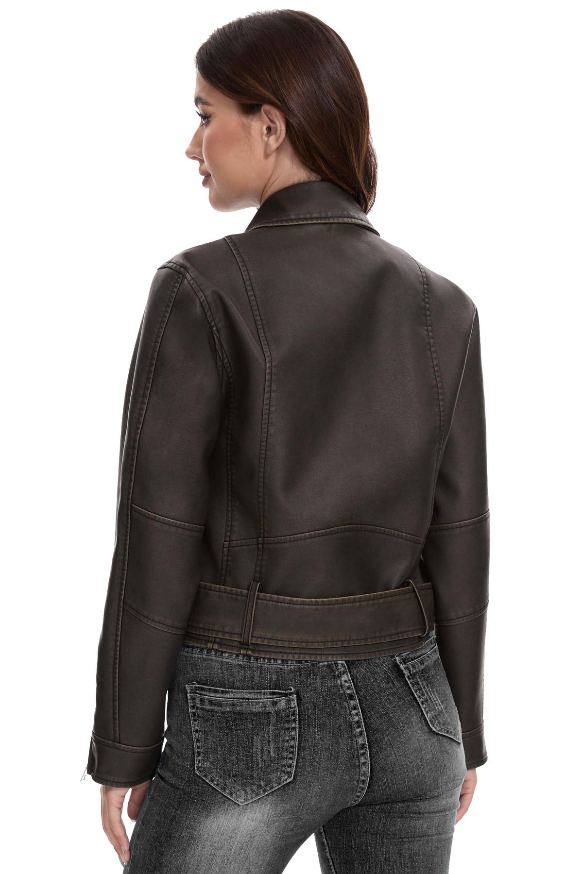 Fahsyee Leather Jacket for Women, Faux Motorcycle Belted Plus Size Moto Biker Coat Short Lightweight Vegan Pleather Fashion, Black, M