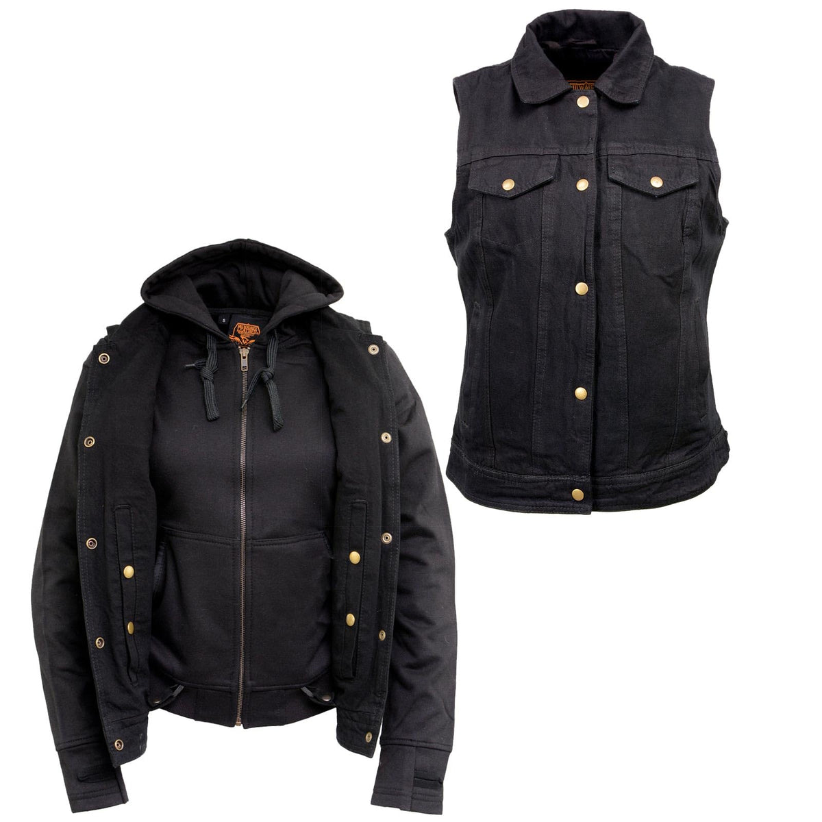 Milwaukee Leather MDL4002 Women's Black Denim 2 in 1 Shirt Style Collar Motorcycle Rider Vest W/Removable Hoodie - Medium