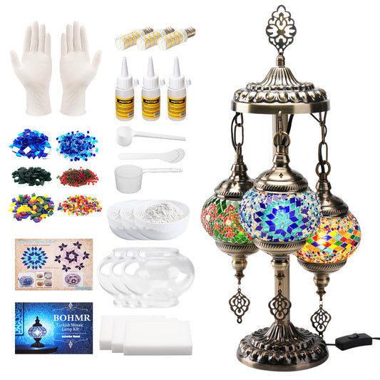 BOHMR DIY 3 Globe Turkish Mosaic Lamp Kit, 23"H Stained Glass Table Lamp Making Kit-Easy & Fun, No Experience Needed, Mosaic Art & Craft Project Kits for Adults & Teens, Make Your Own Lamp,Multicolor