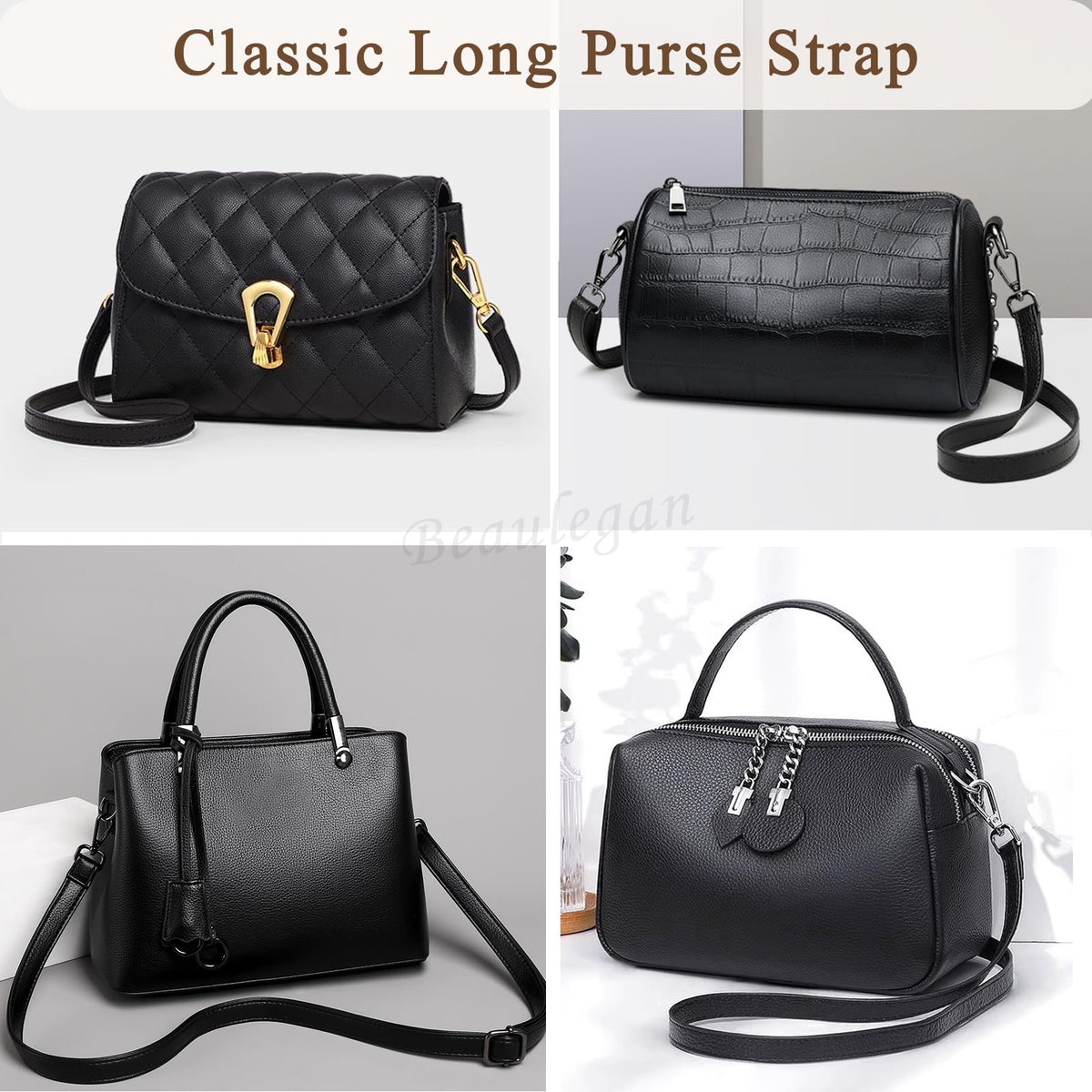 BEAULEGAN Purse Strap Replacement - Full Grain Microfiber Leather - 59 Inch Long Adjustable for Crossbody Shoulder Bag - 1 Inch Wide, Black/Gold