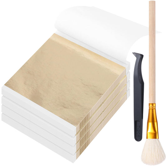 Maitys 400 Pcs Imitation Gold Leaf Sheet, for Art Silver Foil Sheet Set with Brush and Nipper for Painting Gilding Picture Frame Sculpture DIY Craft Decoration Furniture, 3.5 x 3.5 Inches(Champagne)