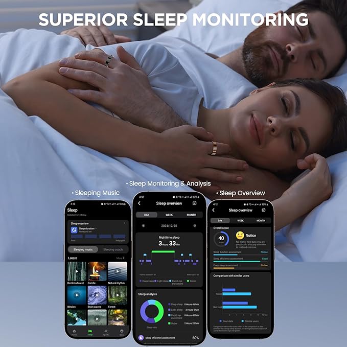 Ultra-thin Sleep & Fitness Tracker, Smart Ring for Women Men, Activity Trackers Fitness Ring with 24/7 Heart Rate Monitor, Step Counter, Calorie Pedometer, No Subscription, for iOS Android (Black #8)