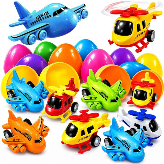 stargo 8 Pack Colorful Prefilled Easter Eggs bulk with toys - mini Aircraft, pull-back Helicopters & Airplanes. Plastic Easter Eggs Filled, Basket Fillers Egg Hunts, Party Favors, Boys Goodie Bags