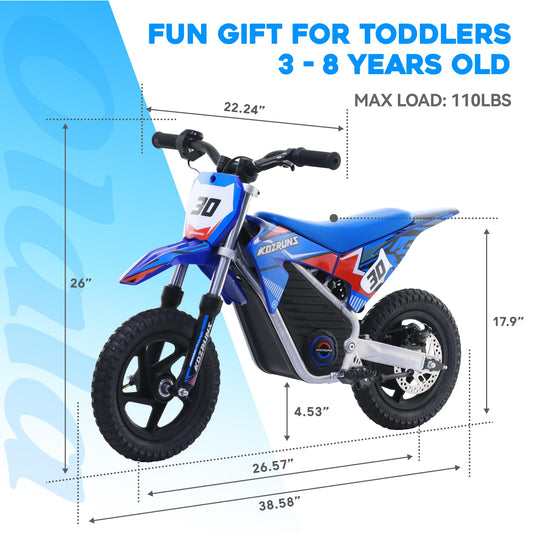 OLALA 36V Electric Dirt Bike for Kids 3-6, 250W Brushless Motor with 3-Speed Control, 15.5 MPH Max Speed, 12" Off-Road Tires Motorcycle, for Boys & Girls, Blue
