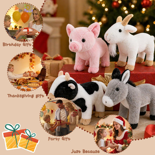 okegztoa 4 Pack 8" Plush Farm Stuffed Animals Set – Pig, Goat, Cow and Donkey, Ultra Soft Washable Toys for Kids, Adorable Farmhouse Nursery Decor for Toddlers