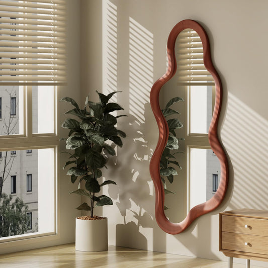 osemy 48"x 22" Irregular Wall Mirror, Walnut Wood Framed Wall Mirror, Asymmetrical Wall Wavy Mirror for Living Room Bedroom Entryway Bathroom Modern Decorative Mirror with Hanging Hooks