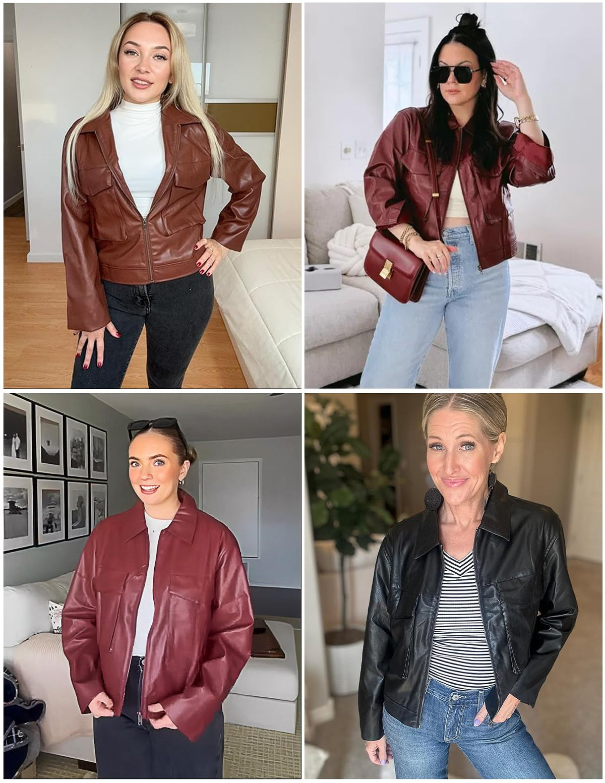 BZB Red Leather Jacket for Women Oversized Zip Up Casual The Fall Fashion Bomber Jacket Pockets Cropped Moto Jacket Woman Wine Red XL