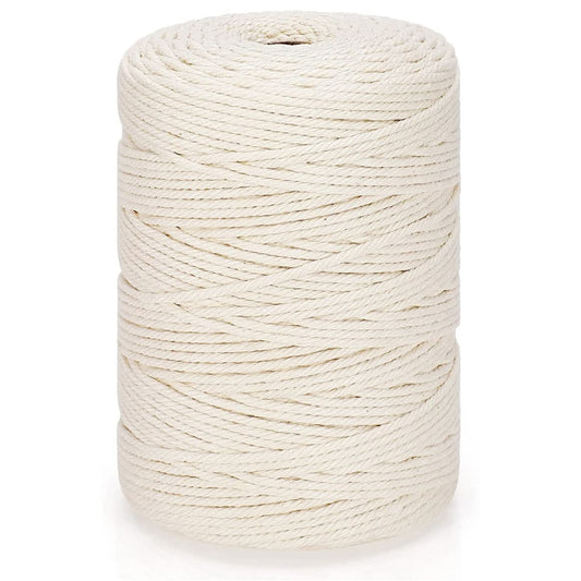 Natural Cotton Macrame Rope - 3mm x 328Yards (984Feet), 4 Strands Twisted Macrame Cord for Wall Hanging, Plant Hangers, Crafts, Gift Wrapping and Wedding Decorations, Beige