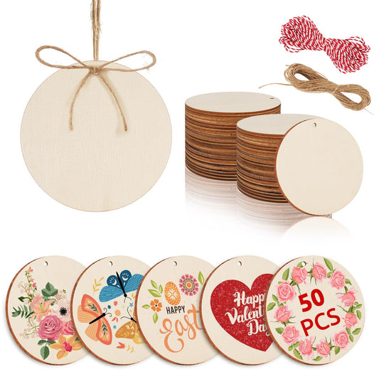 Philorn 50pcs Wooden Ornaments for Crafts 3.5" Unfinished DIY Wooden Ornaments, Predrilled Wood Slices Circles for Crafts Paint Holiday Hanging Decorations