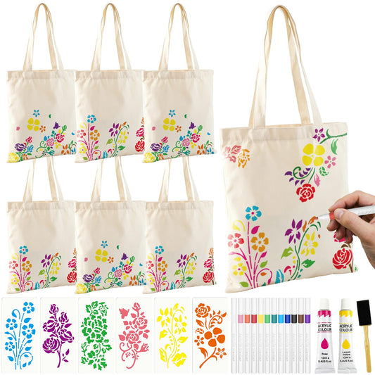 Cinrobiye 6 Pack DIY Canvas Tote Bag Craft Kit with Painting Supplies, Blank Cotton Reusable Bags for Floral Painting, Handmade Gifts, Mother’s Day, Teacher Appreciation, Party Craft Activities