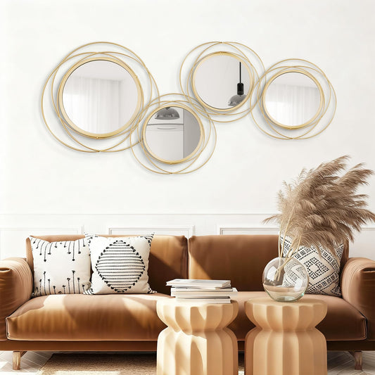 Cityelf 4 Set Mixed Size Gold Circle Mirrors Wall Decor Iron Frame Wall Art Round Mirror Home Decor Hanging for Living Room/Bedroom/Bathroom/Entryway